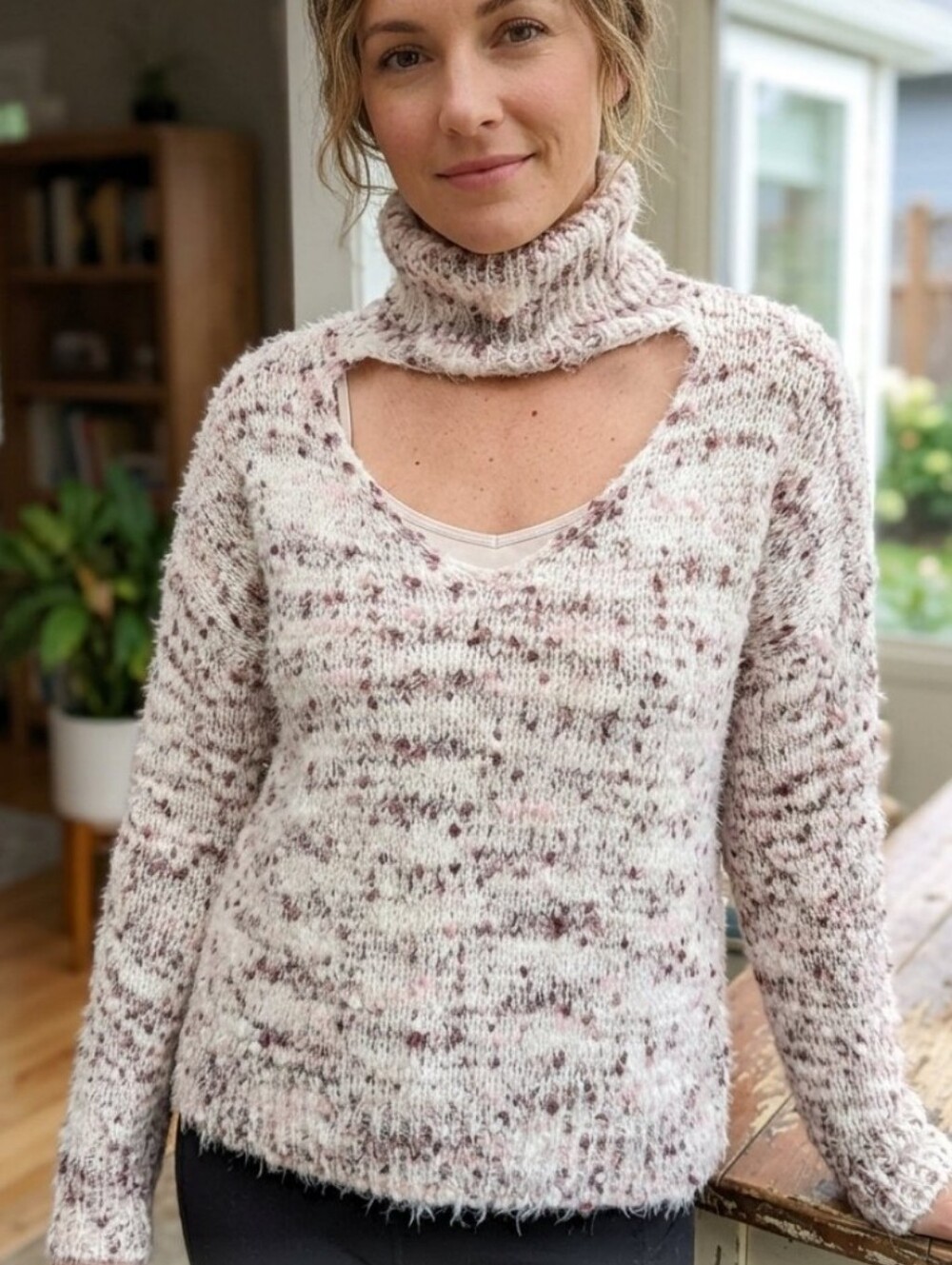 Venus Keyhole Cutout Chunky Knit White Purple Pink Turtleneck Sweater, XS